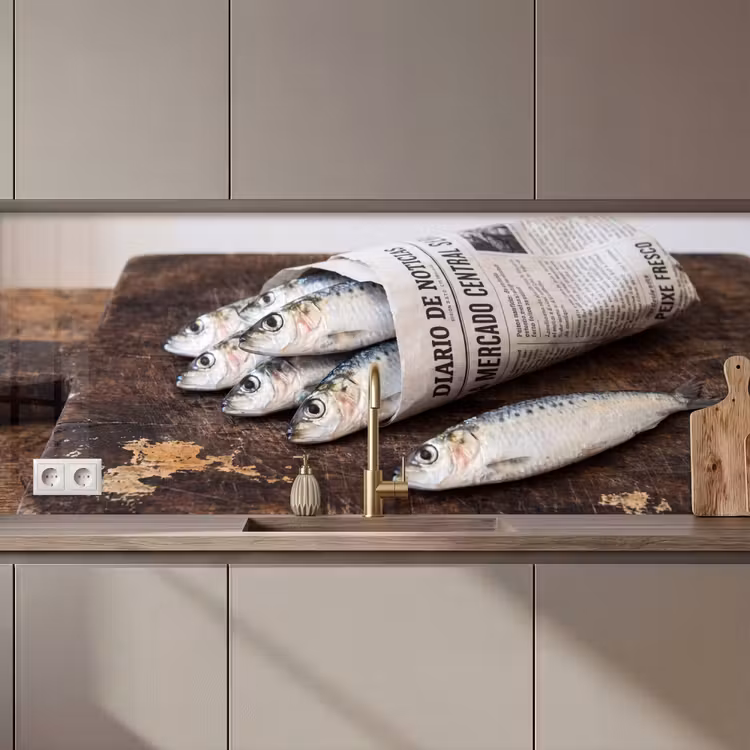 Keuken achterwand - Sardientje - krant - snijplank - Sardientje - krant - snijplank keuken achterwand 2 middel zz_3dshopping