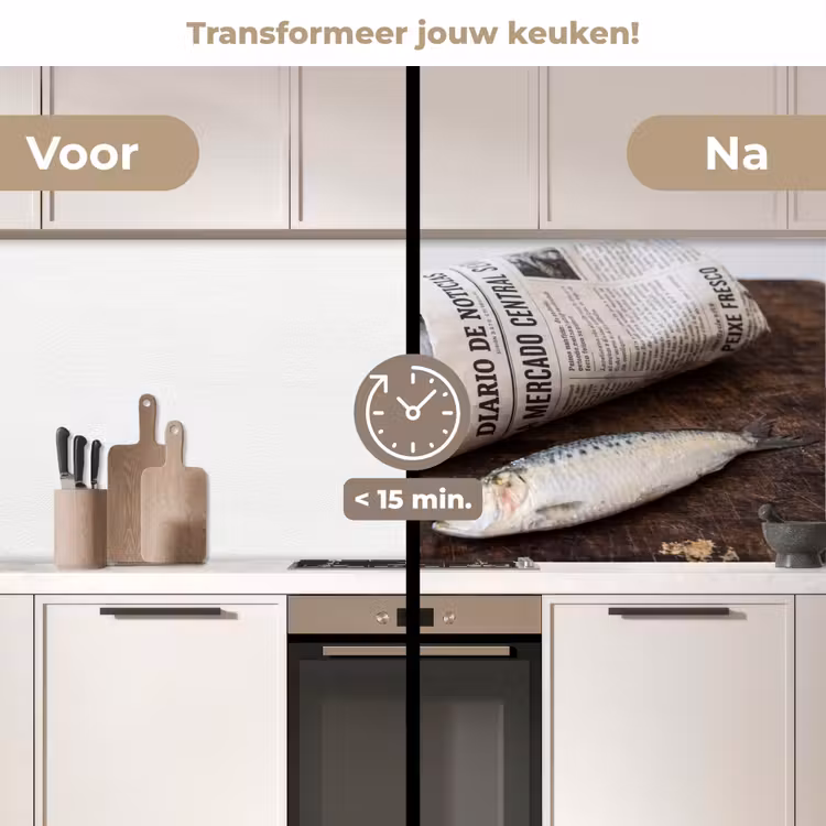 Keuken achterwand - Sardientje - krant - snijplank - Sardientje - krant - snijplank keuken achterwand 2 middel