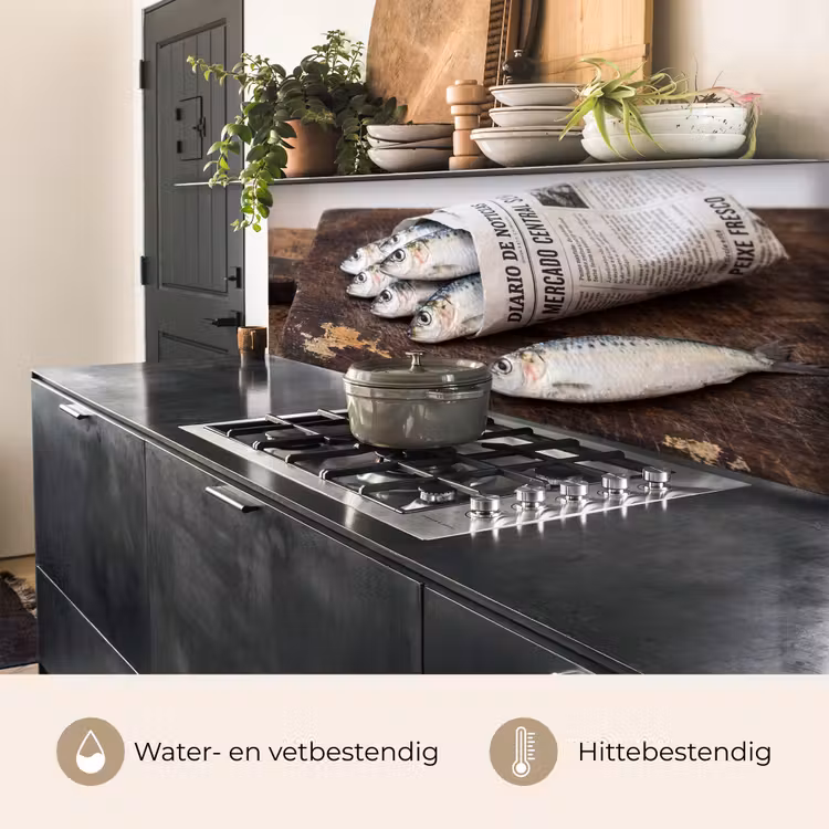 Keuken achterwand - Sardientje - krant - snijplank - Sardientje - krant - snijplank keuken achterwand 2 middel
