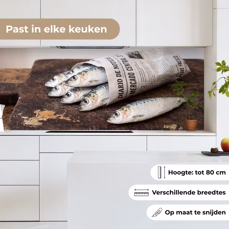 Keuken achterwand - Sardientje - krant - snijplank - Sardientje - krant - snijplank keuken achterwand 2 middel