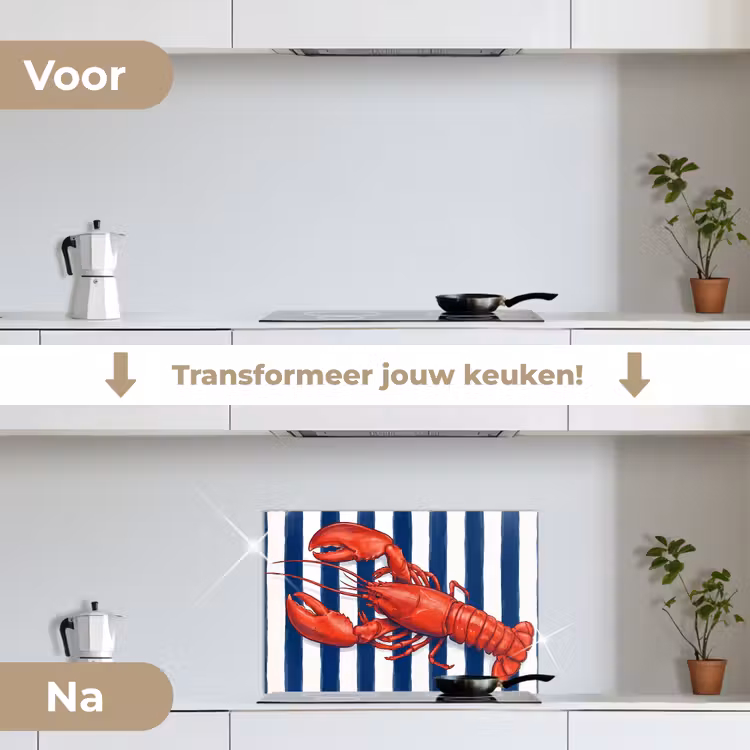 Schaaldier - Kreeft - Marine - Illustratie - Rood keuken achterwand spatscherm klein -voor_na_NL