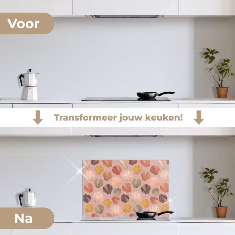 Schelp - Patroon - Zee - Aquarel - Aardetinten keuken achterwand spatscherm klein -voor_na_NL