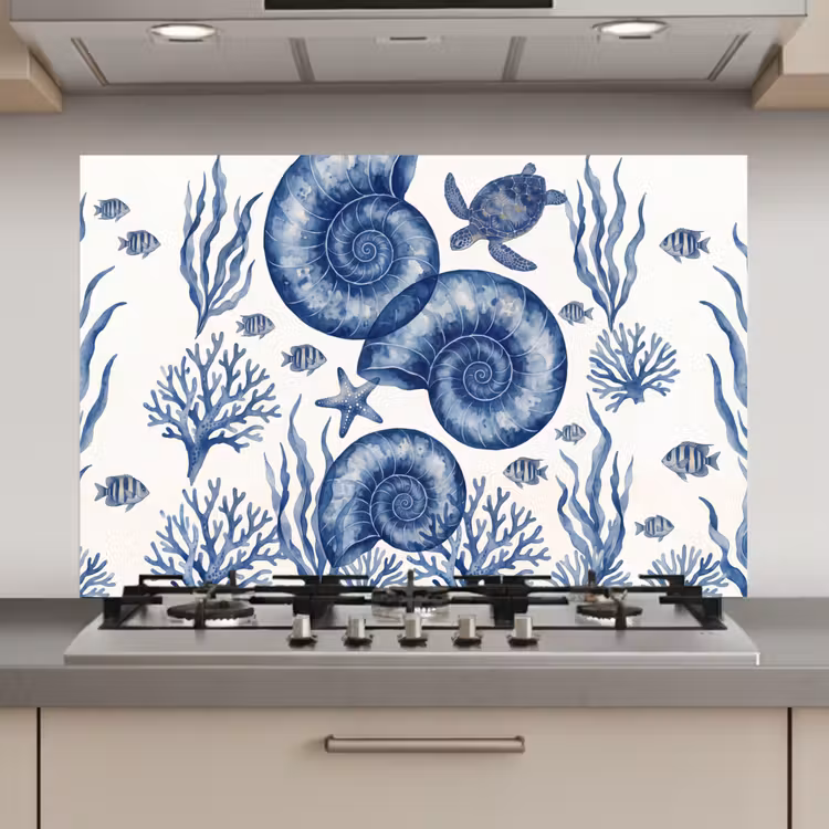 Schelp - Spiraal - Zeeleven - Aquarel - Blauw keuken achterwand spatscherm klein -3d_website