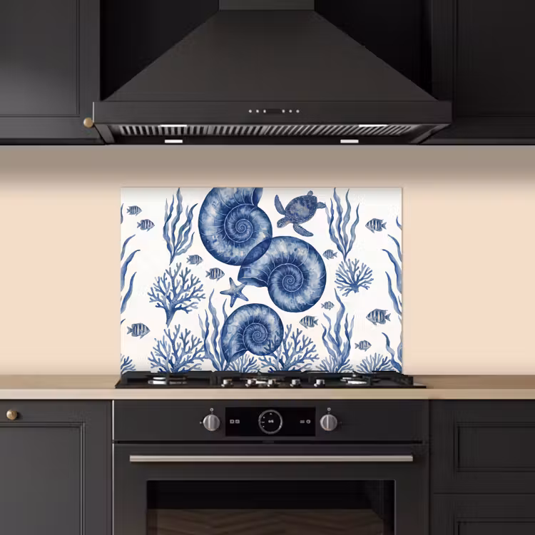 Schelp - Spiraal - Zeeleven - Aquarel - Blauw keuken achterwand spatscherm klein -sfeer1