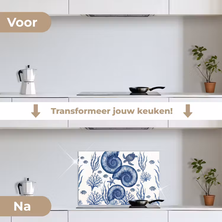 Schelp - Spiraal - Zeeleven - Aquarel - Blauw keuken achterwand spatscherm klein -voor_na_NL