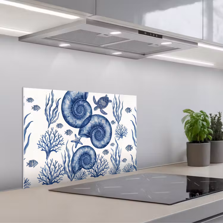 Schelp - Spiraal - Zeeleven - Aquarel - Blauw keuken achterwand spatscherm klein -3d_schuin