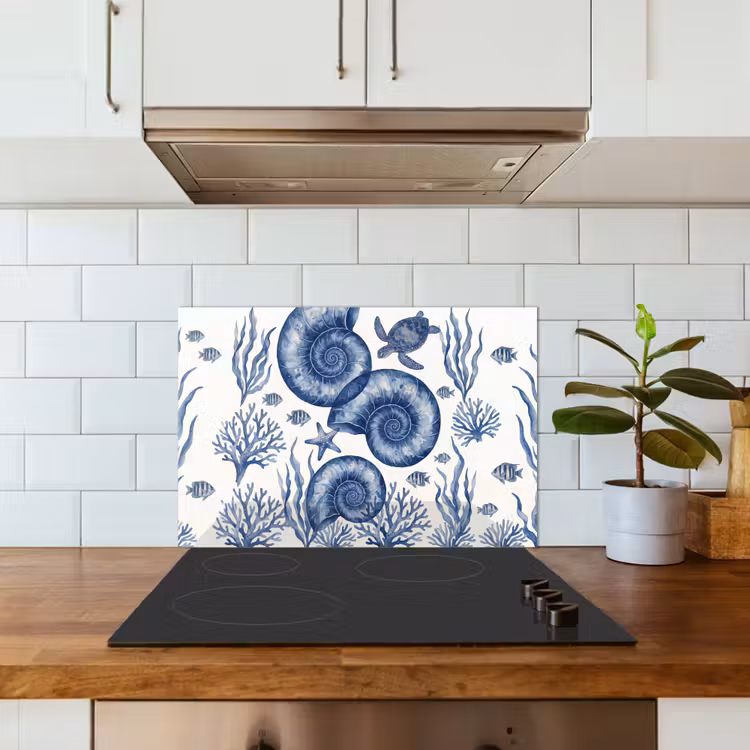 Schelp - Spiraal - Zeeleven - Aquarel - Blauw keuken achterwand spatscherm klein -sfeer2