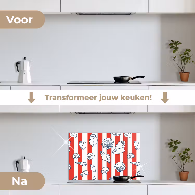 Schelp - Zeedieren - Zomer - Illustratie - Rood - Blauw keuken achterwand spatscherm klein -voor_na_NL
