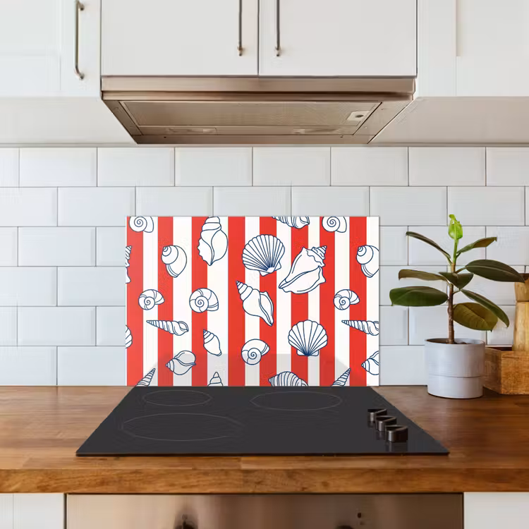 Schelp - Zeedieren - Zomer - Illustratie - Rood - Blauw keuken achterwand spatscherm klein -sfeer2