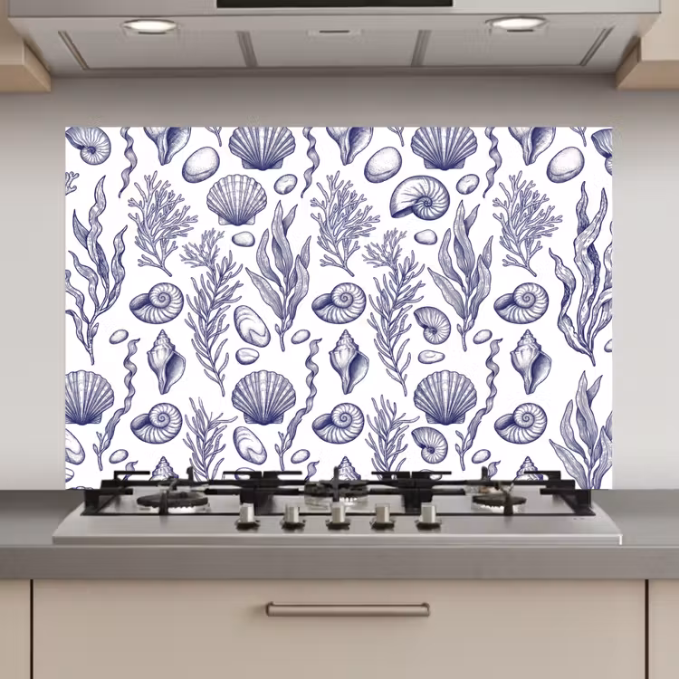 Schelpen - Zeewier - Oceaan - Illustratie - Blauw keuken achterwand spatscherm klein -3d_website