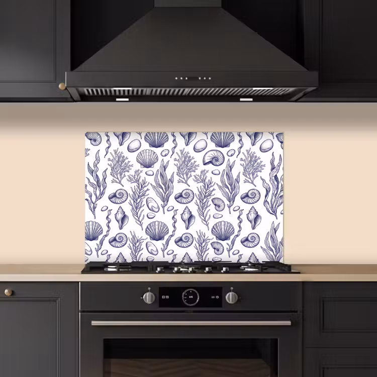 Schelpen - Zeewier - Oceaan - Illustratie - Blauw keuken achterwand spatscherm klein -sfeer1