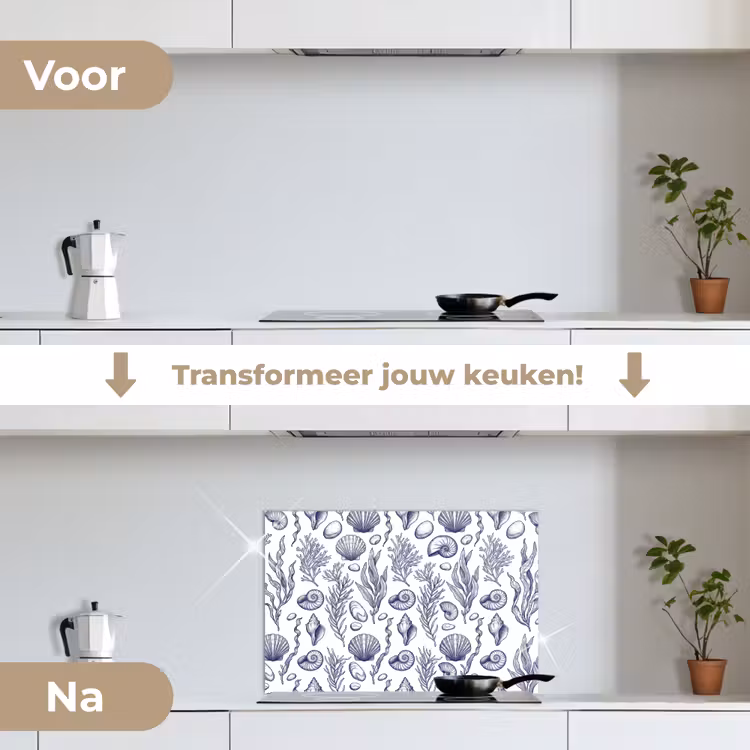 Schelpen - Zeewier - Oceaan - Illustratie - Blauw keuken achterwand spatscherm klein -voor_na_NL