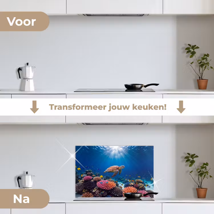Schildpad - Koraalrif - Oceaan - Dieren - Blauw keuken achterwand spatscherm klein -voor_na_NL
