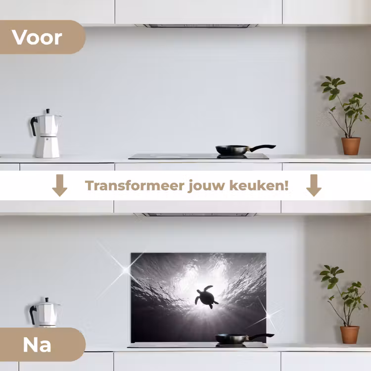 Schildpad - Onderwater - Lichtstralen - Oceaan - Zwart-wit keuken achterwand spatscherm klein -voor_na_NL