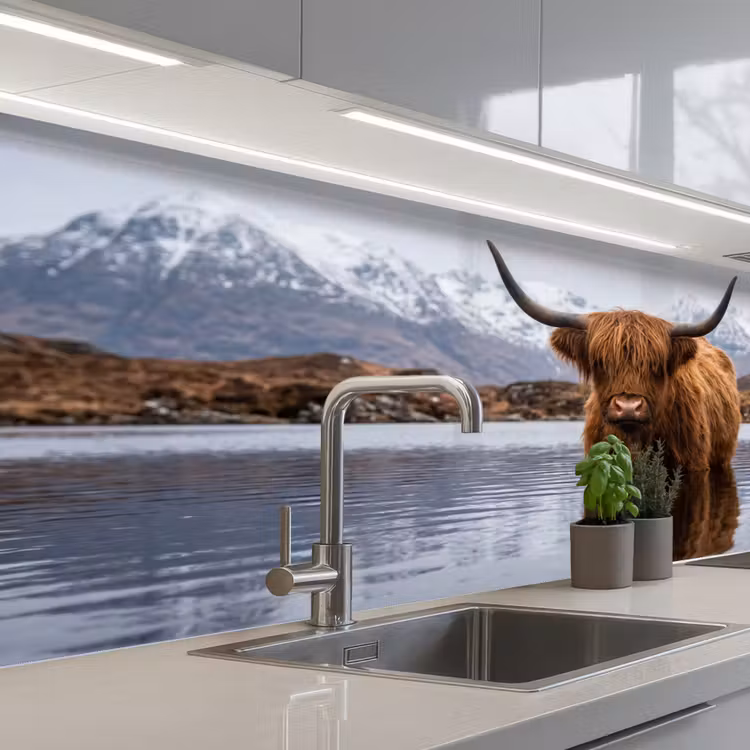 Schotse hooglander - Bruin - Water keuken achterwand 2 middel -3d_schuin