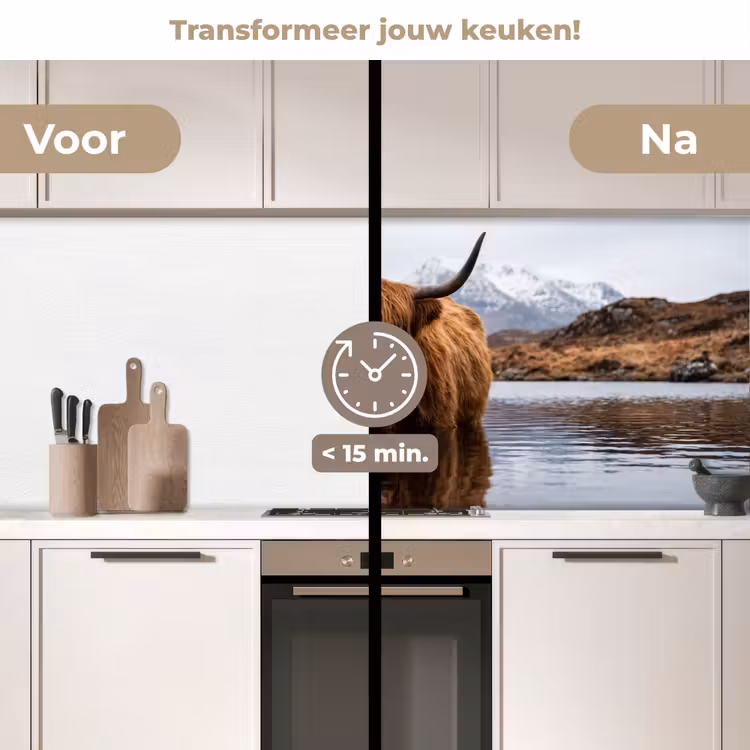 Schotse hooglander - Bruin - Water keuken achterwand 2 middel -voor-na2_NL