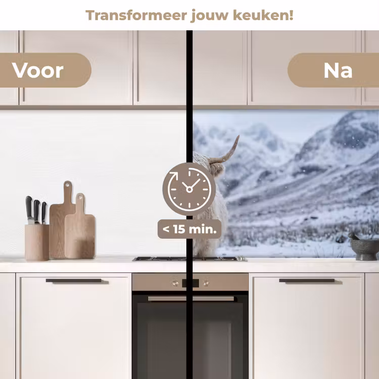 Schotse Hooglander - Sneeuw - Bergen - Winter keuken achterwand 2 middel -voor-na2_NL