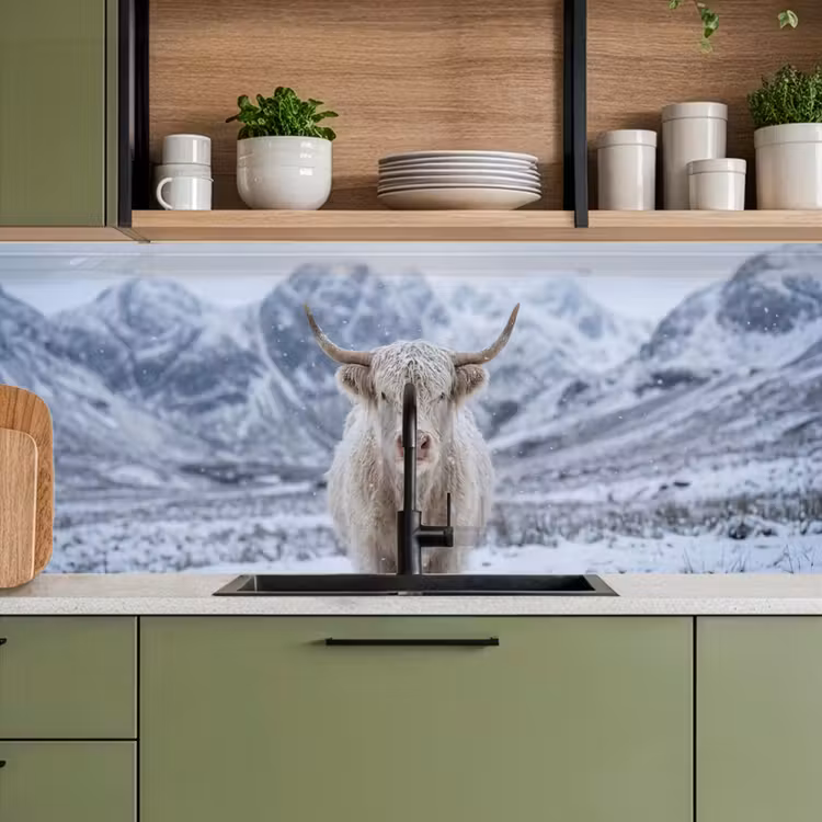 Schotse Hooglander - Sneeuw - Bergen - Winter keuken achterwand 2 middel -sfeer3