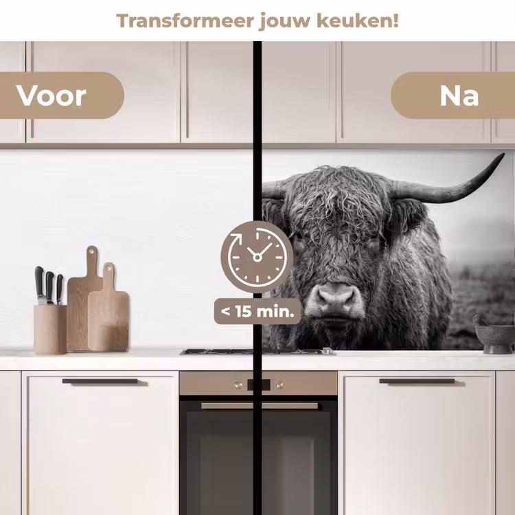 Schotse hooglander - Zwart - Wit - Gras keuken achterwand 2 middel -voor-na2_NL