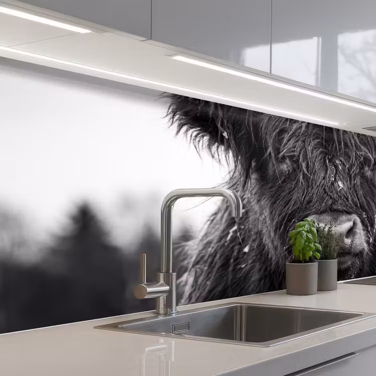 Schotse hooglander - Zwart - Wit - Sneeuwvlokken keuken achterwand 2 middel -3d_schuin