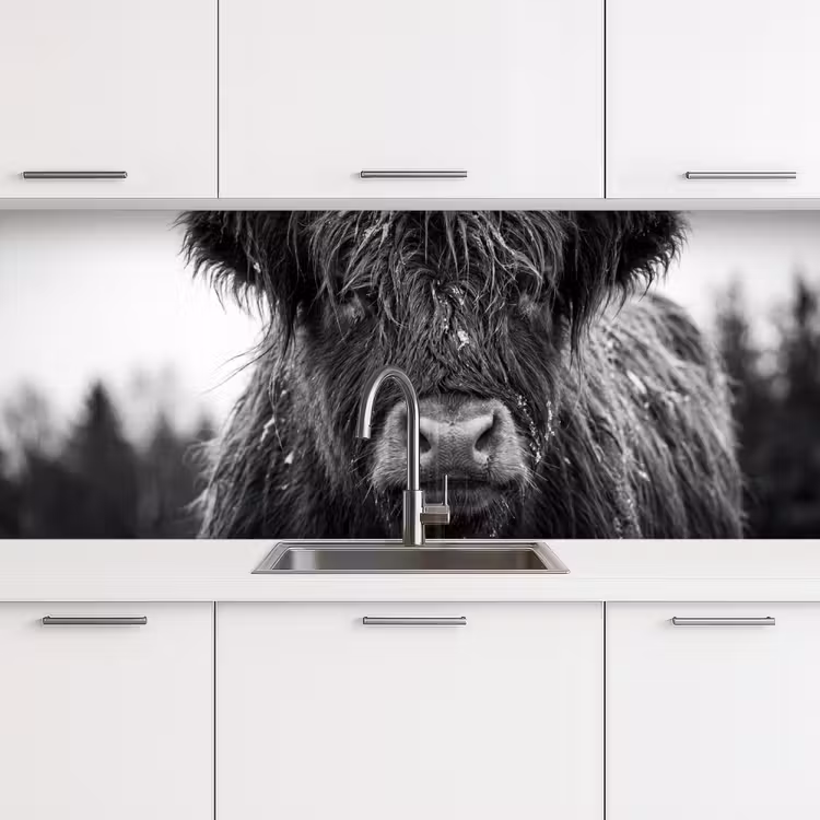 Schotse hooglander - Zwart - Wit - Sneeuwvlokken keuken achterwand 2 middel -3d