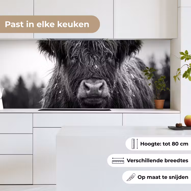 Schotse hooglander - Zwart - Wit - Sneeuwvlokken keuken achterwand 2 middel -sfeer4_NL