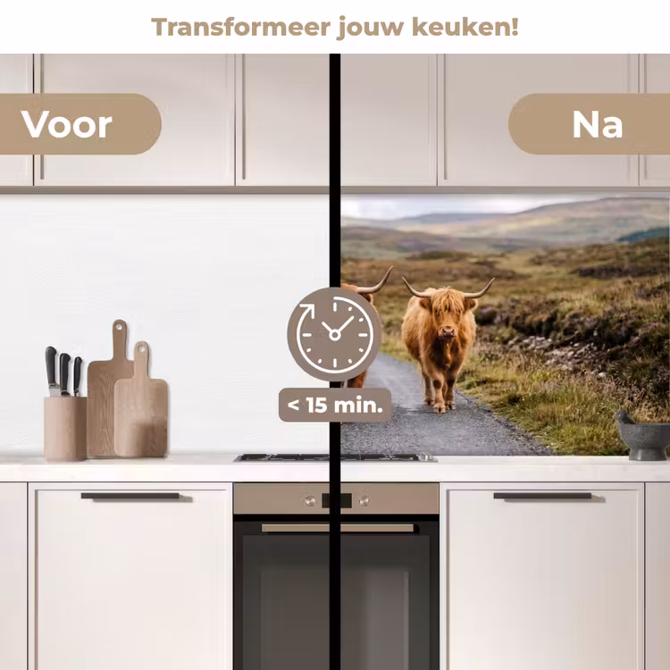 Schotse Hooglanders - Weg - Landschap - Kudde keuken achterwand 2 middel -voor-na2_NL