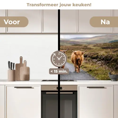 Schotse Hooglanders - Weg - Landschap - Kudde keuken achterwand 2 middel -voor-na2_NL