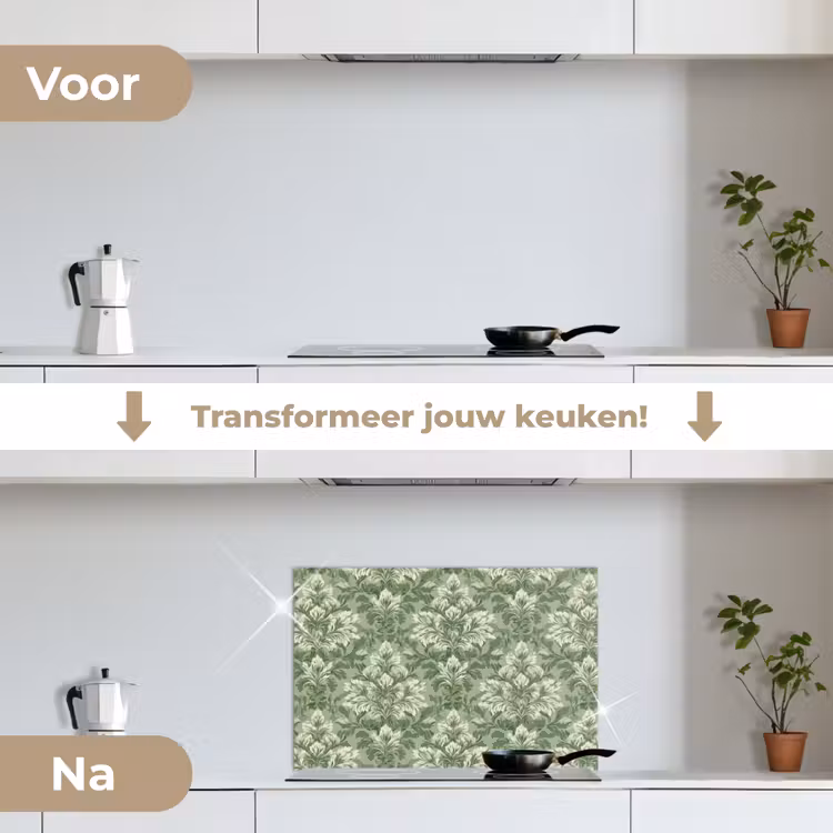 Sierlijk - Lichtgroen - Planten - Patroon - Getailleerd keuken achterwand spatscherm klein 900 -voor_na_NL