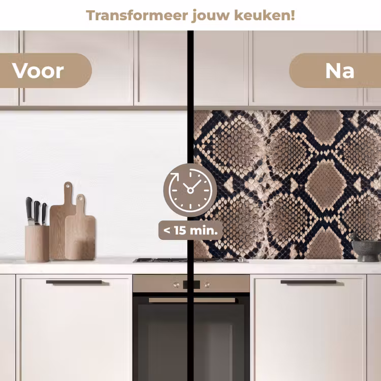 Slangenprint - Python - Bruin keuken achterwand 2 middel -voor-na2_NL