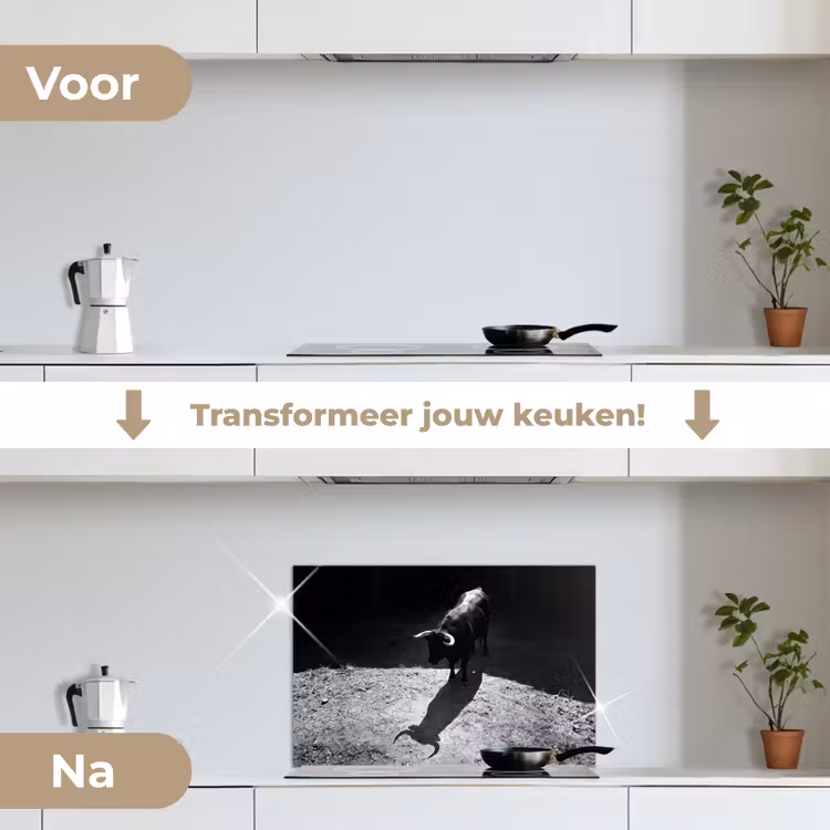 Stier - Schaduw - Dieren - Contrast - Zwart-wit keuken achterwand spatscherm klein -voor_na_NL