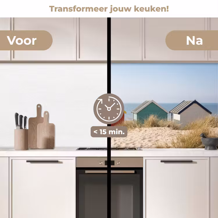 Strand - Huisjes - Kleurrijk - Duinen keuken achterwand 2 middel -voor-na2_NL