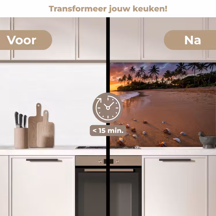Strand - Zonsondergang - Palmbomen - Natuur - Oranje keuken achterwand 2 middel -voor-na2_NL