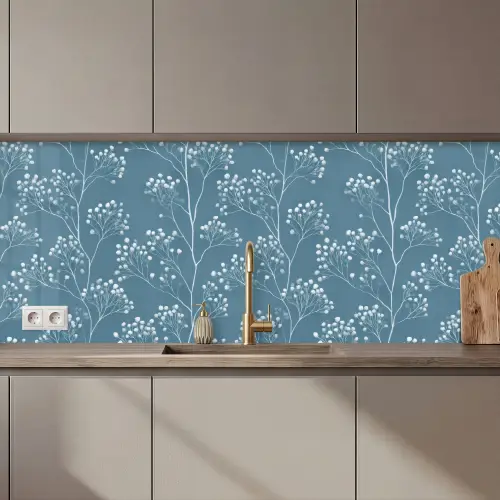 Keuken achterwand - Takken - Bessen - Patroon - Lichtblauw