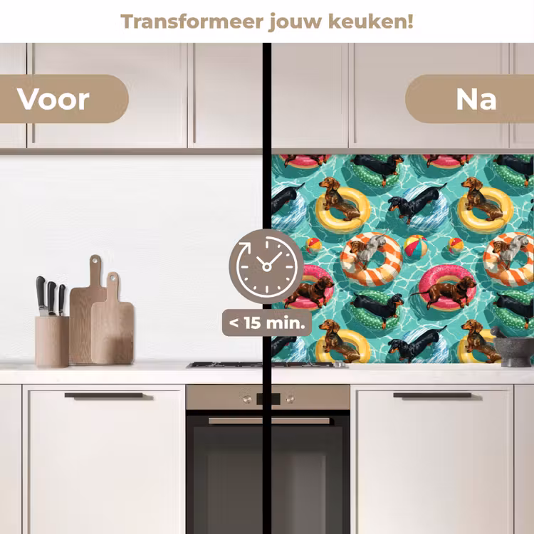 Teckels - Zwembad - Kleurrijk keuken achterwand 2 middel 871 -voor-na2_NL