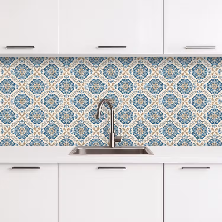 Tegel - Patroon - Blauw - Goud keuken achterwand 2 middel 871 -3d