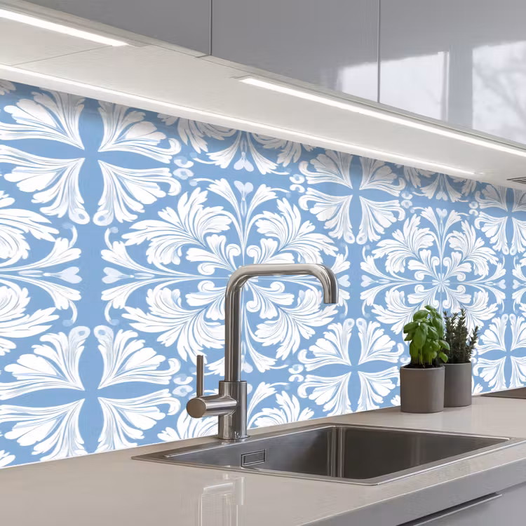 Tegel - Patroon - Wit - Blauw keuken achterwand 2 middel 871 -3d_schuin