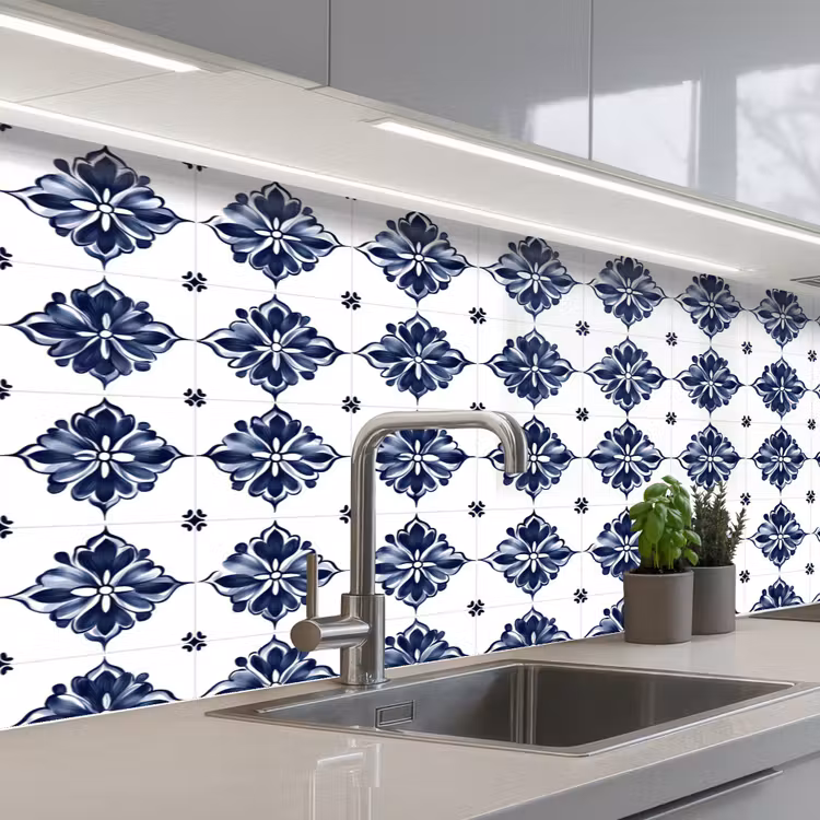 Tegelmotief - Blauw - Wit - Bloem keuken achterwand 2 middel 871 -3d_schuin
