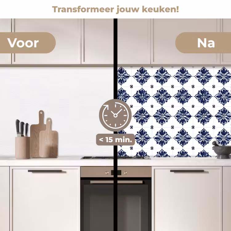 Tegelmotief - Blauw - Wit - Bloem keuken achterwand 2 middel 871 -voor-na2_NL