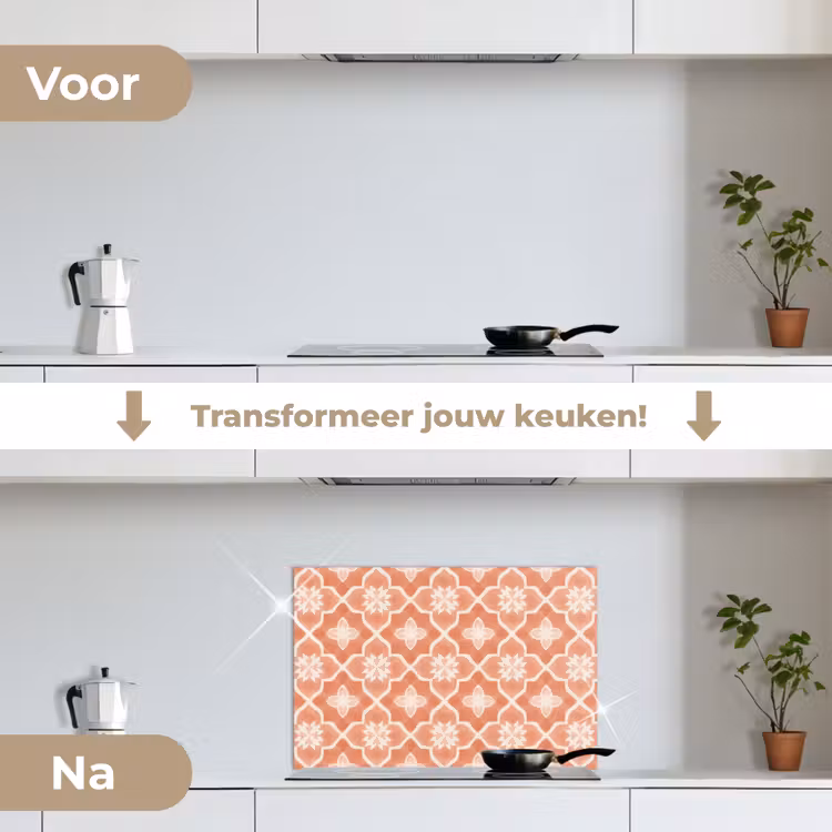 Tegelpatroon - Arabesk - Vintage - Terracotta keuken achterwand spatscherm klein 900 -voor_na_NL