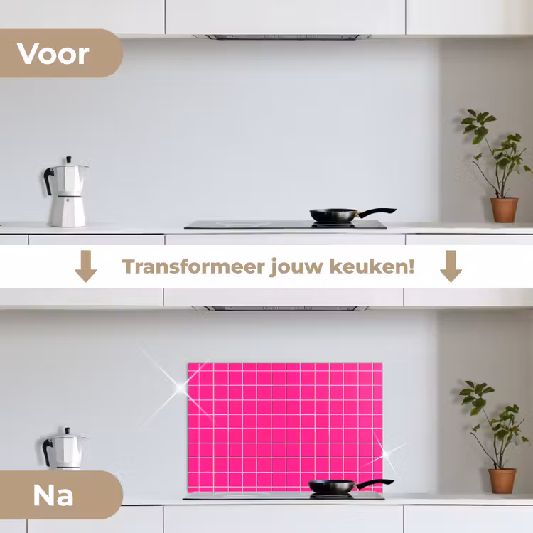 Tegels - Vierkant - Fuchsia keuken achterwand spatscherm klein 900 -voor_na_NL