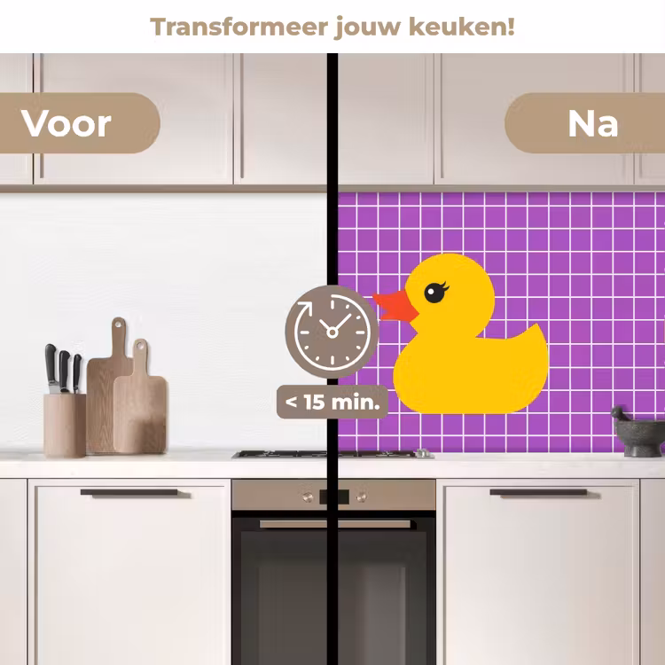 Tekst - Eend - Paars keuken achterwand 2 middel -voor-na2_NL