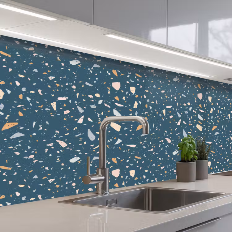 Terrazzo - Patroon - Kleurrijk - Diep blauw keuken achterwand 2 middel 871 -3d_schuin