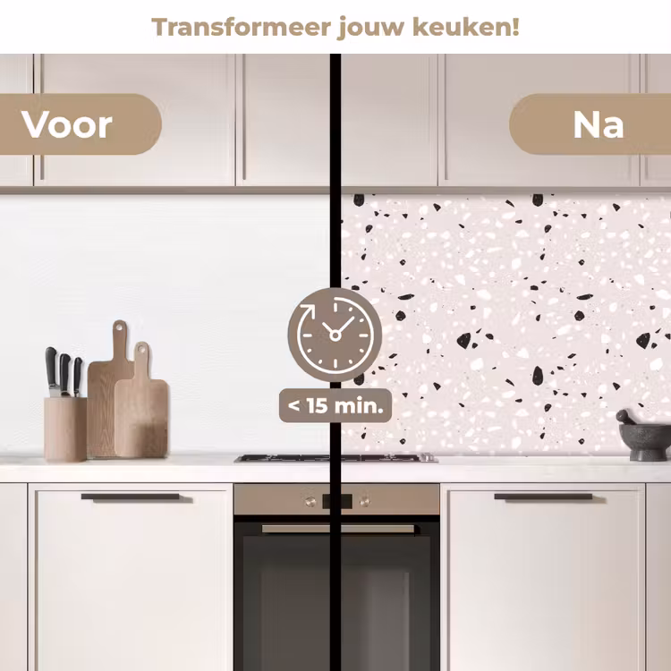 Terrazzo - Patroon - Zacht - Zwart - Wit keuken achterwand 2 middel 871 -voor-na2_NL