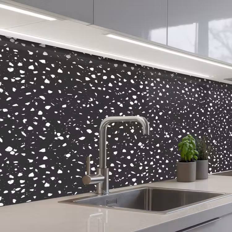 Terrazzo - Patroon - Zwart - Wit keuken achterwand 2 middel 871 -3d_schuin
