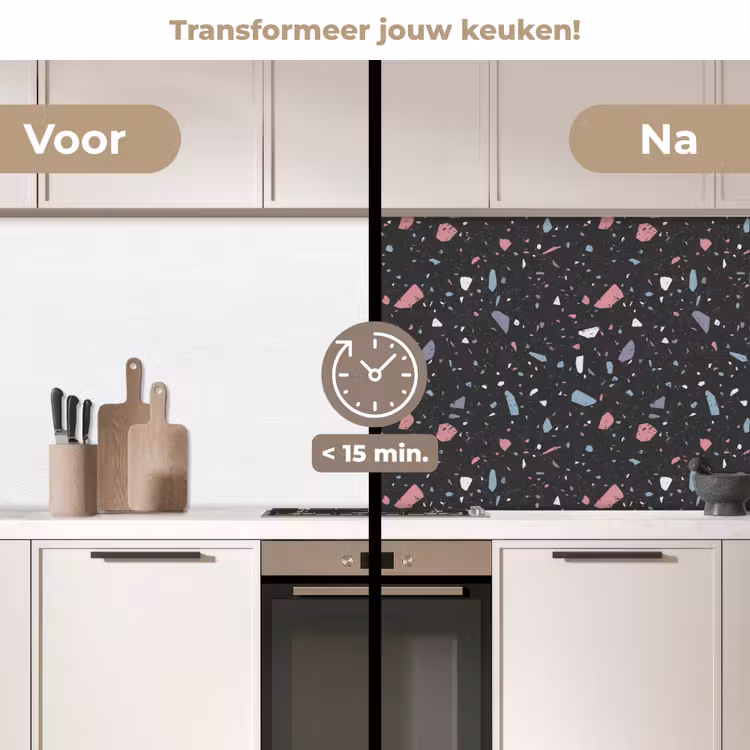 Terrazzo - Patroon - Zwart - Zacht keuken achterwand 2 middel 871 -voor-na2_NL