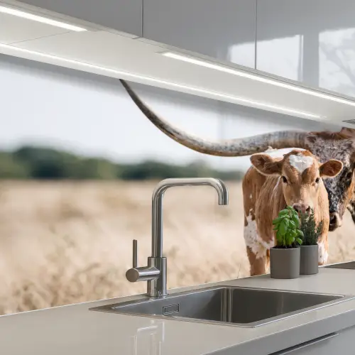 Texas Longhorn - Kalf - Weide - Dieren keuken achterwand 2 middel -3d_schuin