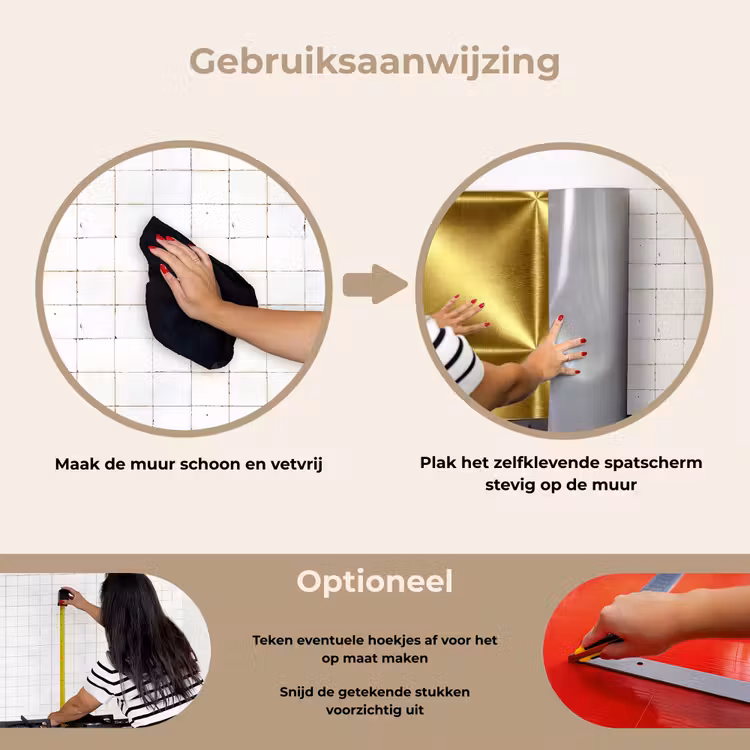 Textuur - Geborsteld Goud - Industrieel - Metallic keuken achterwand spatscherm klein 900 -gebruiksaanwijzing_NL