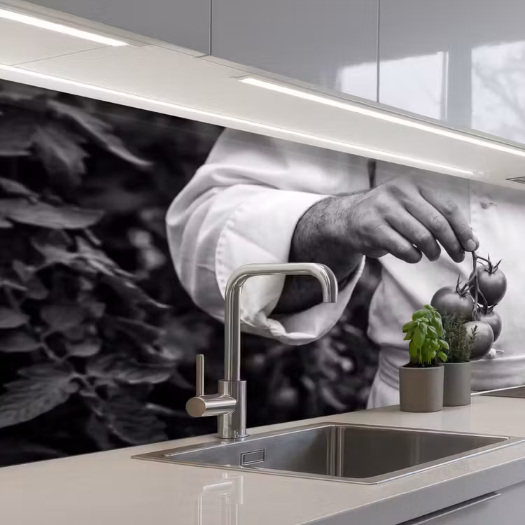 Tomaten - Chef - Zwart - Wit keuken achterwand 2 middel -3d_schuin