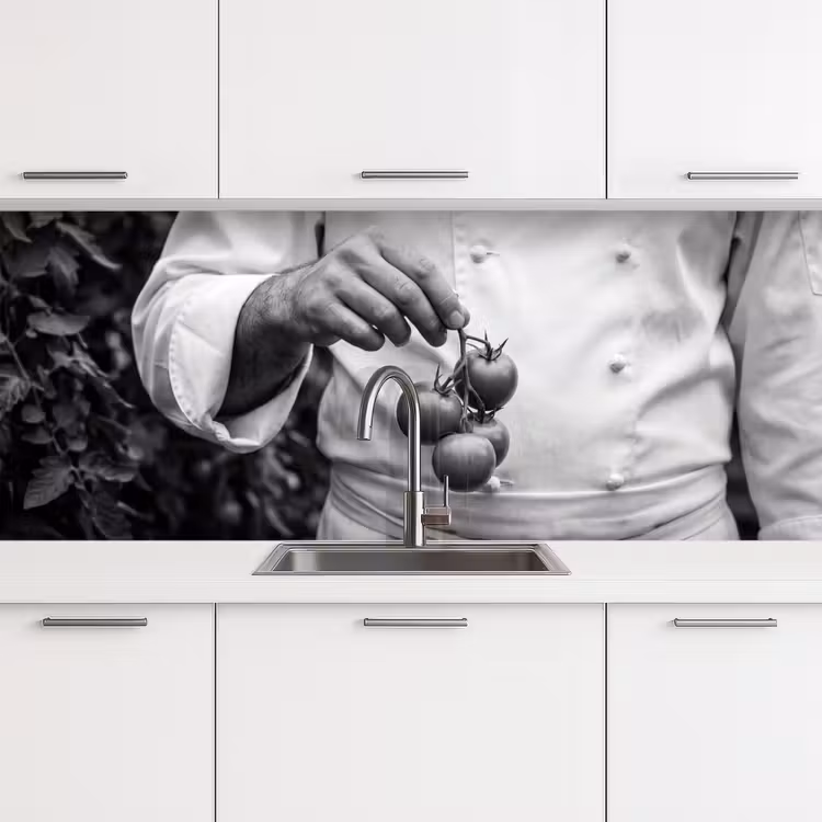 Tomaten - Chef - Zwart - Wit keuken achterwand 2 middel -3d